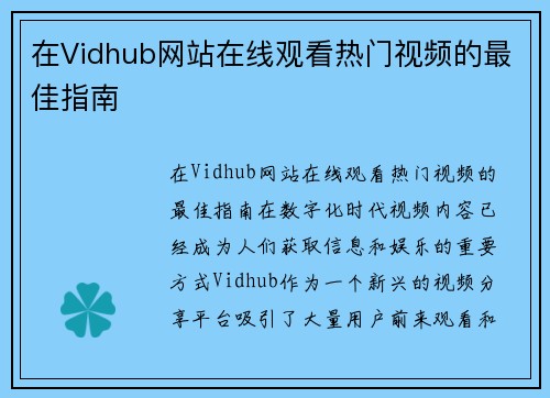 在Vidhub网站在线观看热门视频的最佳指南